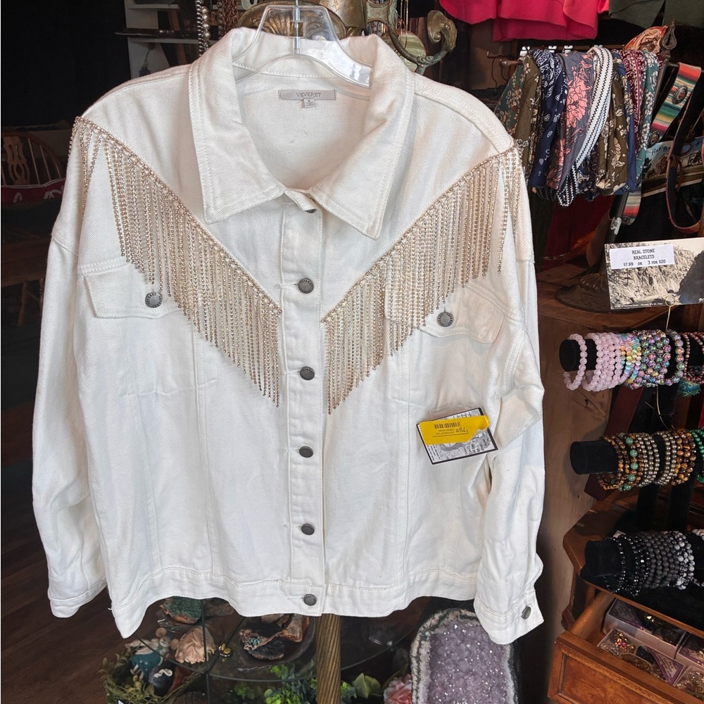 Fringe-Trim White Denim Jacket - Women - Picture 2 of 3